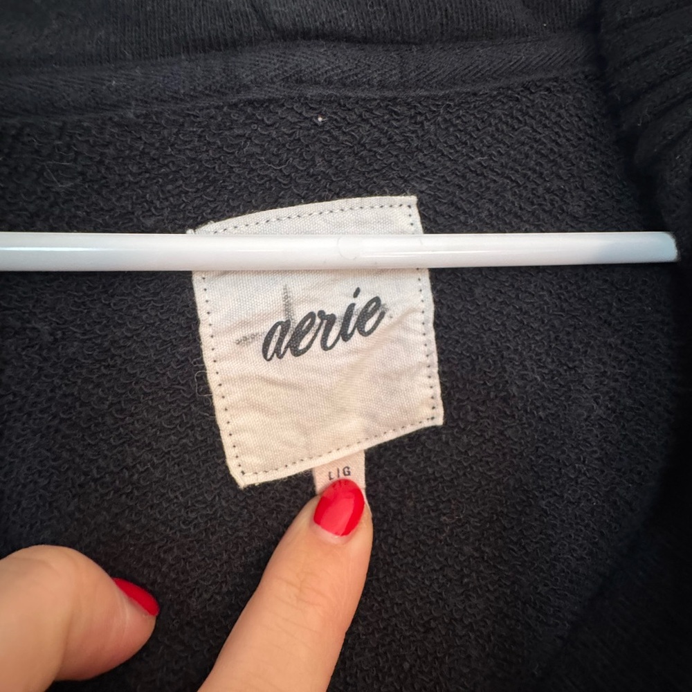 aerie Black Hooded V-Neck Pullover Sweatshirt - Picture 2 of 2